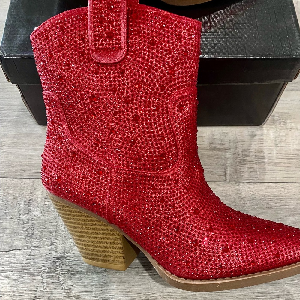 Red Rhinestone Cowgirl Sparkling Pull-on Christmas Party Forever Ankle Booties - Picture 7 of 8